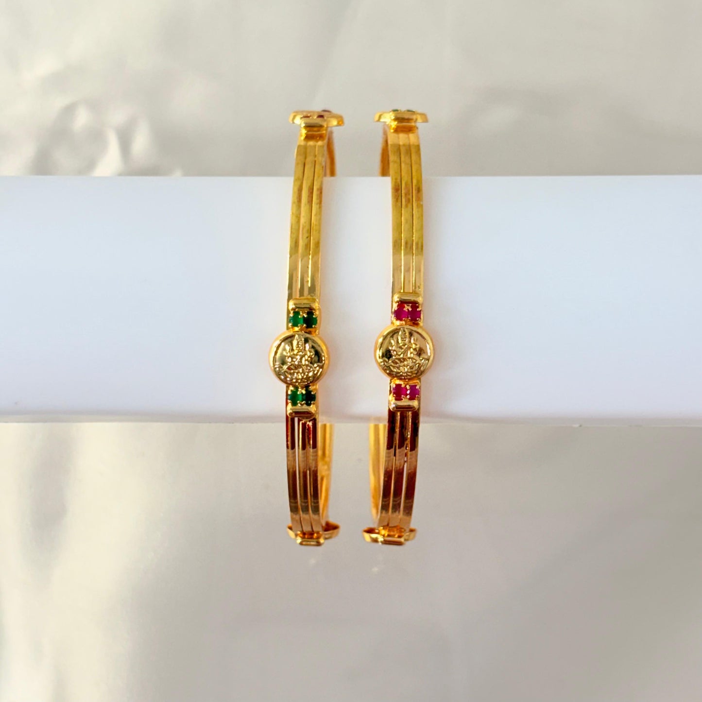 Antique Gold Lakshmi Coin Bangles with Ruby & Green Stones – Traditional Temple Bangles (Pair)
