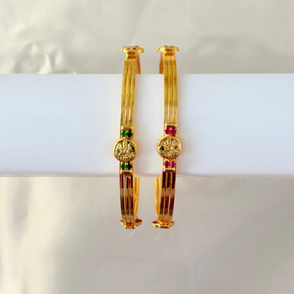 Antique Gold Lakshmi Coin Bangles with Ruby & Green Stones – Traditional Temple Bangles (Pair)