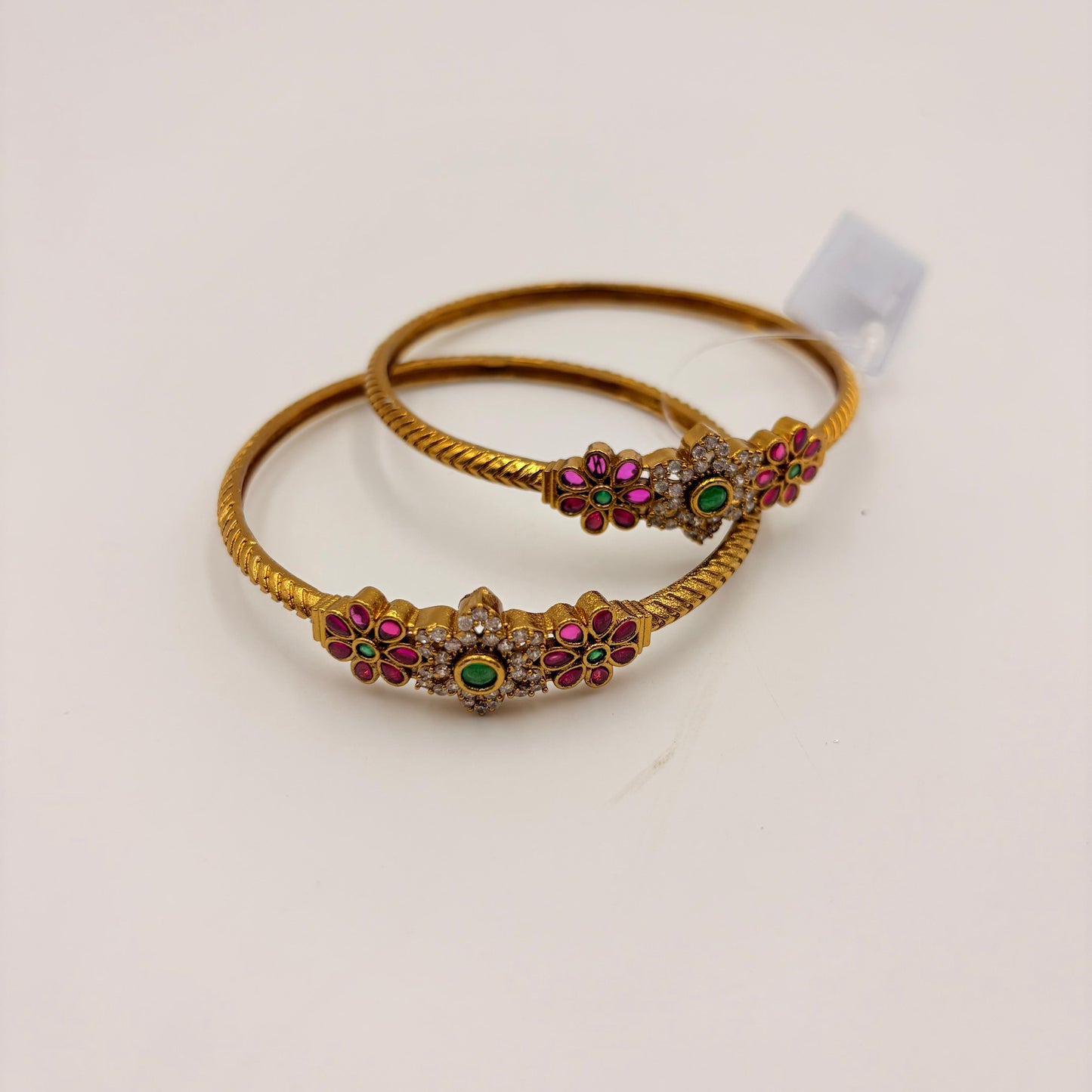 Antique Gold Floral Bangles with Ruby & Emerald Stones – Traditional CZ Bangle Set (Set of 2)