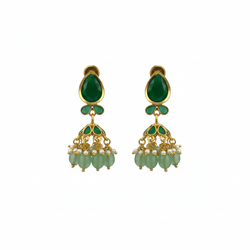 Green Stone Drop Earrings with Gold Plating & Beaded Danglings – Elegant Ethnic Jewellery
