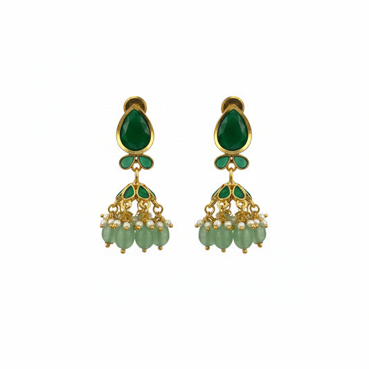 Green Stone Drop Earrings with Gold Plating & Beaded Danglings – Elegant Ethnic Jewellery
