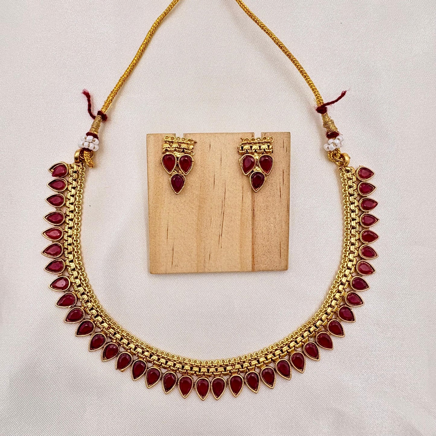 Gold-Plated Red Stone Pearl Drop Necklace Set with Matching Earrings | Traditional Ethnic Jewellery
