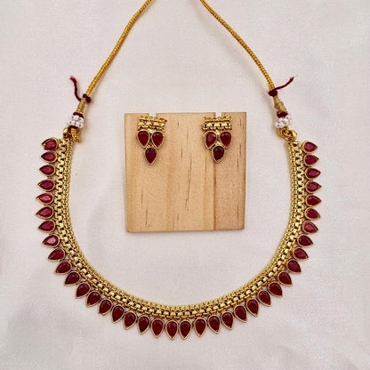 Gold-Plated Red Stone Pearl Drop Necklace Set with Matching Earrings | Traditional Ethnic Jewellery