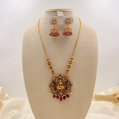 Temple Lakshmi Red Beads Necklace Set