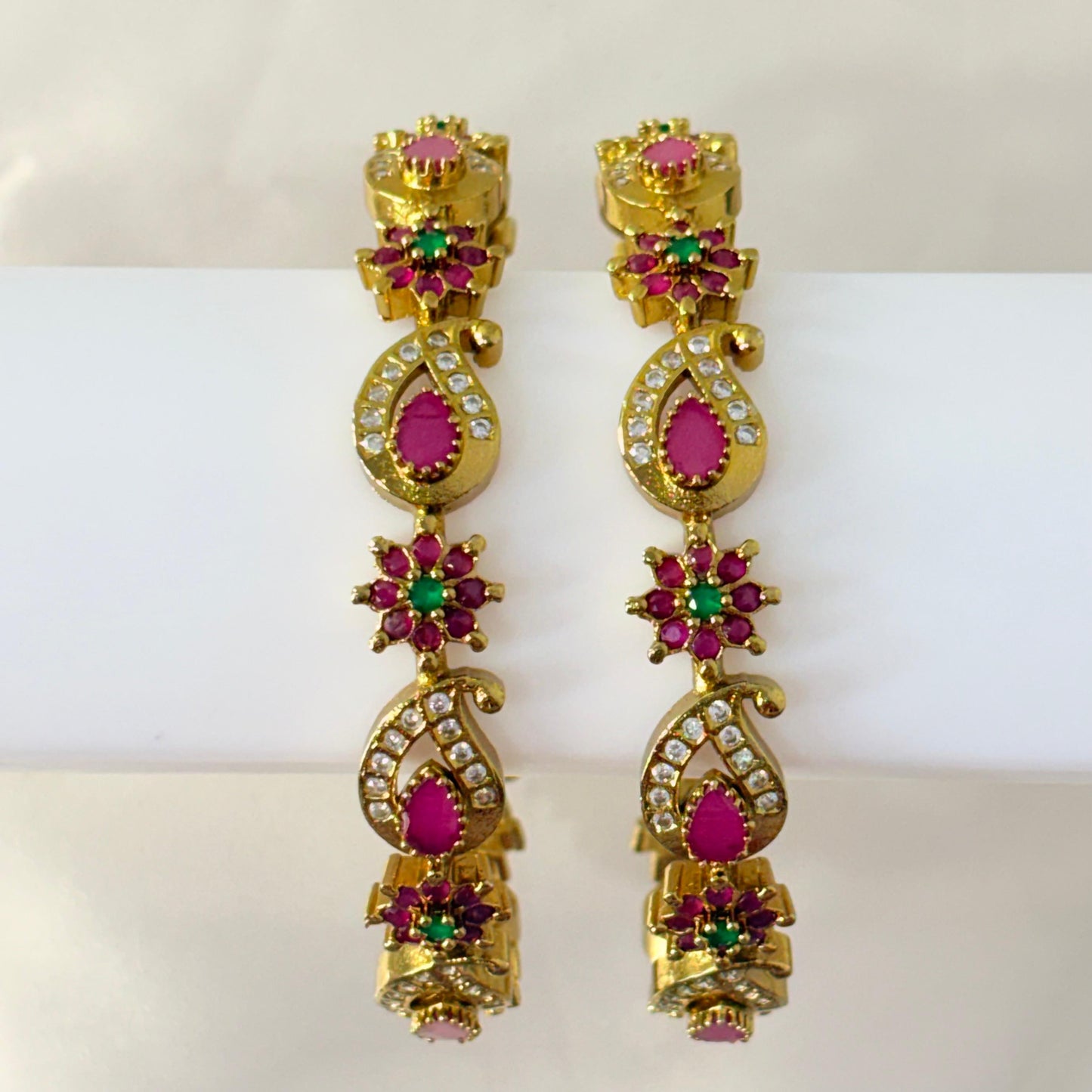 Gold-Plated Temple Bangles with Ruby & Green Stone Work (Pair)