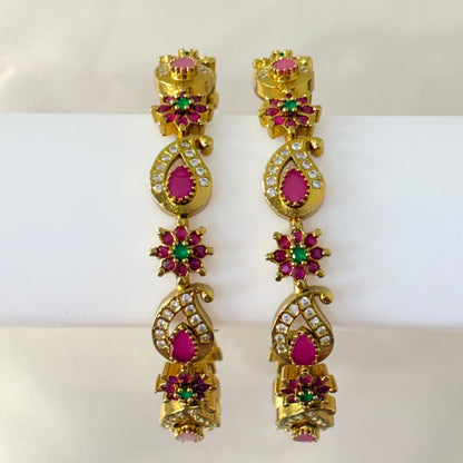 Gold-Plated Temple Bangles with Ruby & Green Stone Work (Pair)