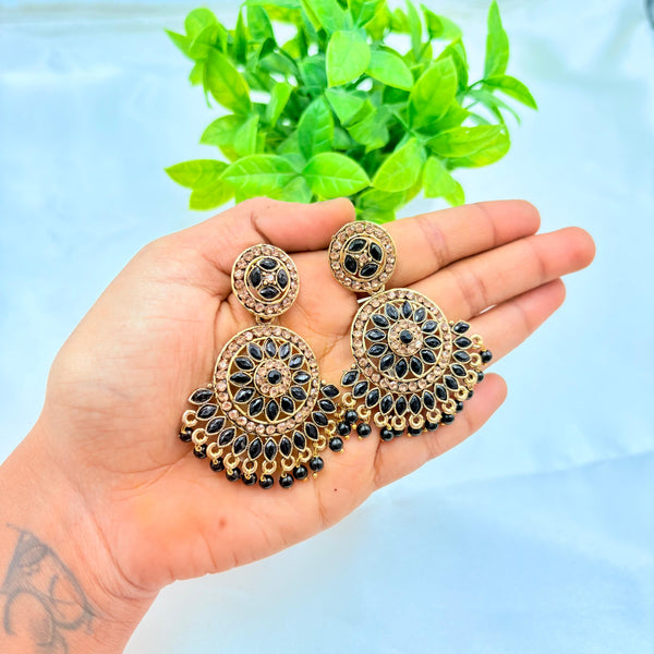 Black Kundan Chandbali Earrings with Beaded Drops – Gold Finish