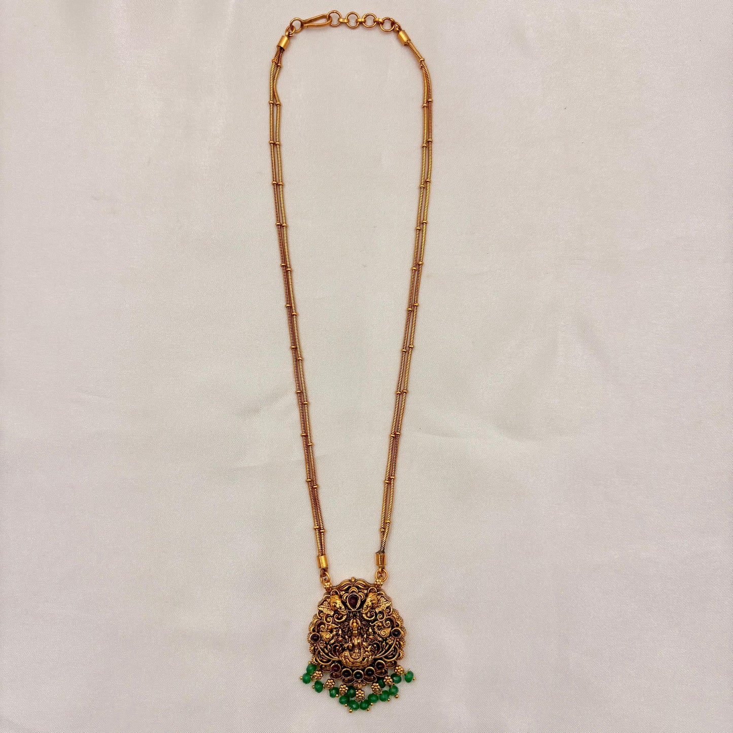 Antique Lakshmi Temple Long Necklace Set – Green Bead Drops