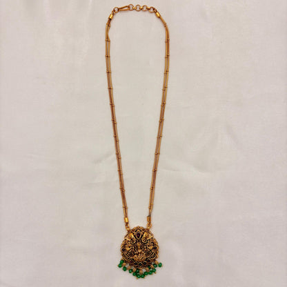 Antique Lakshmi Temple Long Necklace Set – Green Bead Drops
