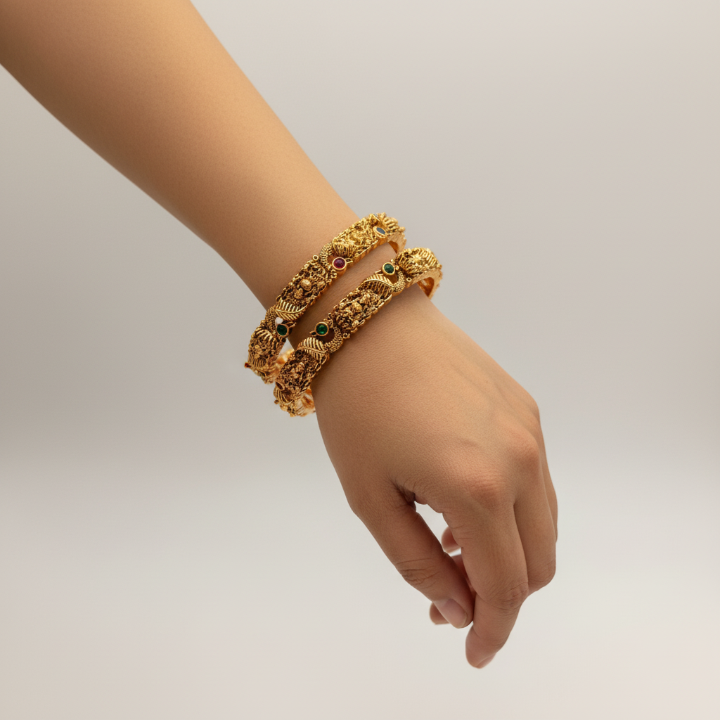 Antique Gold Temple Bangles with Ruby & Emerald Stones – Heavy Traditional Bangle Set (Set of 4)