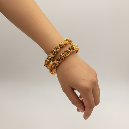 Antique Gold Temple Bangles with Ruby & Emerald Stones – Heavy Traditional Bangle Set (Set of 4)