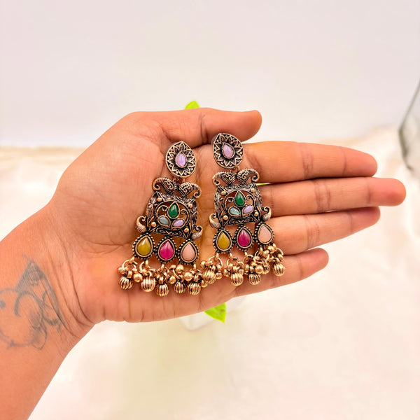 Antique Multicolor Stone Drop Earrings with Gold Beads