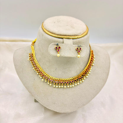 Antique Gold Ruby Kundan Choker Necklace Set with Pearl Drops