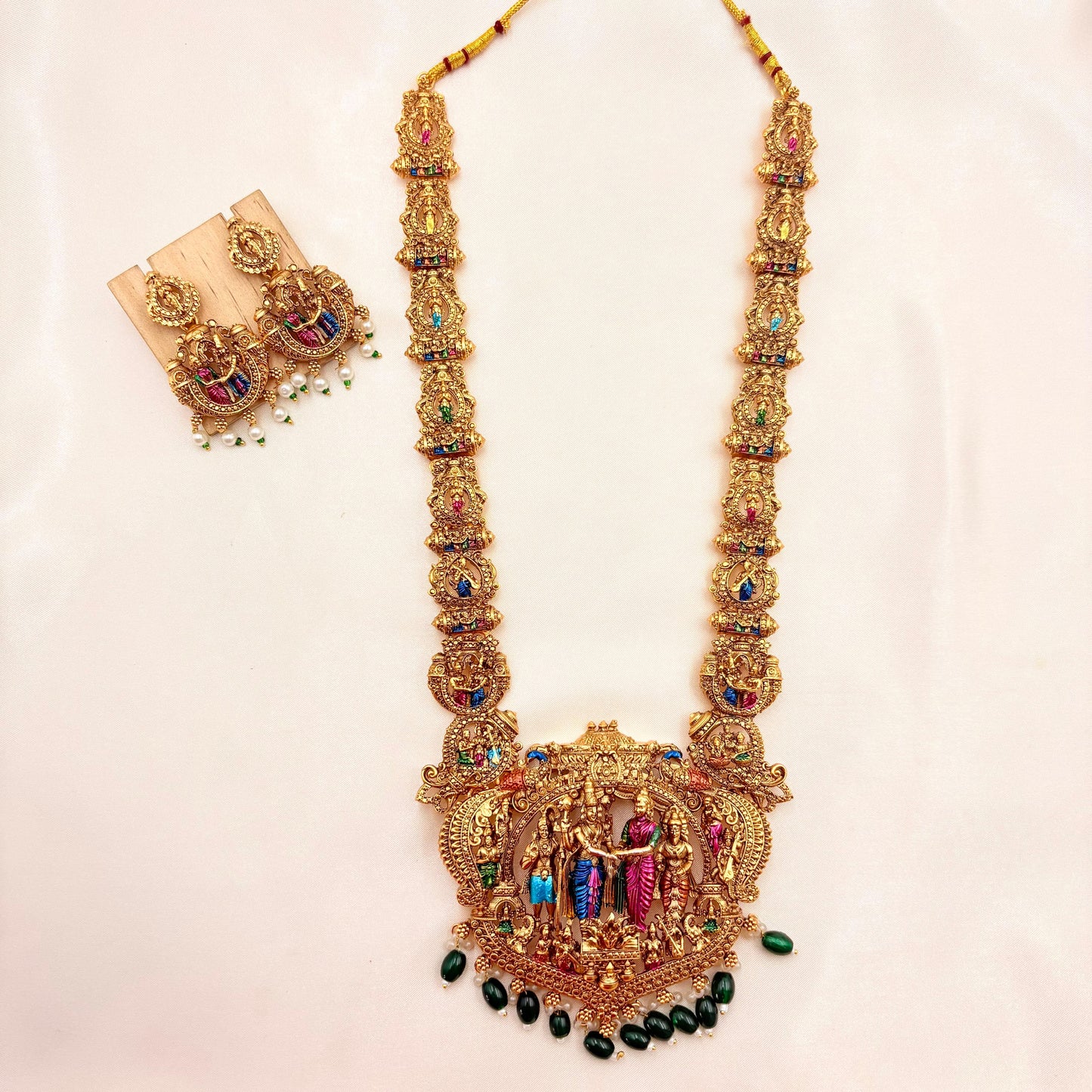 Ram Darbar Temple Long Haram Necklace Set with Pearl & Green Beads – Antique Gold Finis