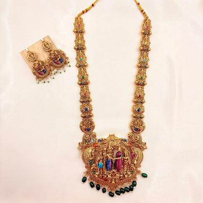 Ram Darbar Temple Long Haram Necklace Set with Pearl & Green Beads – Antique Gold Finis