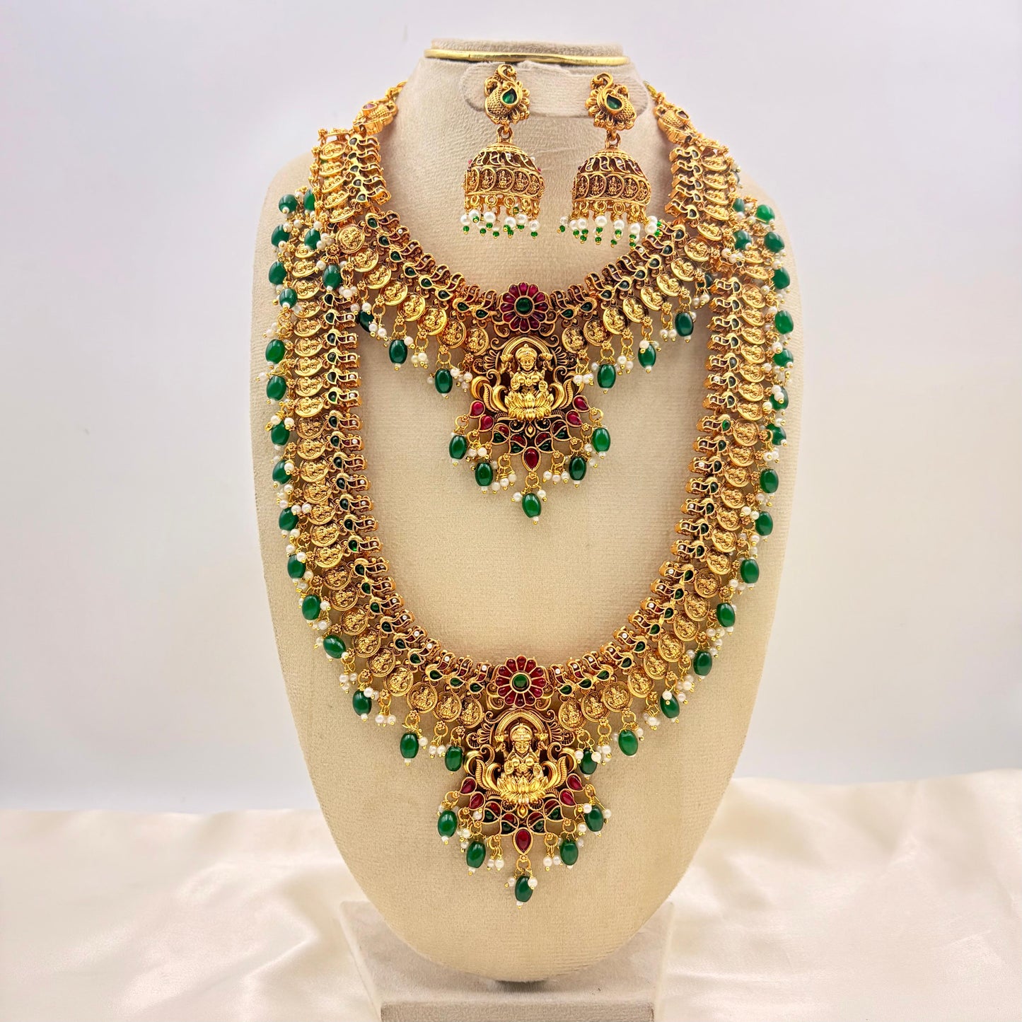 Grand Lakshmi Temple Jewellery Set – Antique Gold Bridal Choker, Long Haram & Green Bead Jhumka Earrings