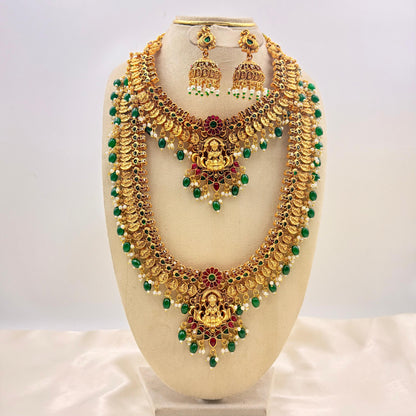 Grand Lakshmi Temple Jewellery Set – Antique Gold Bridal Choker, Long Haram & Green Bead Jhumka Earrings