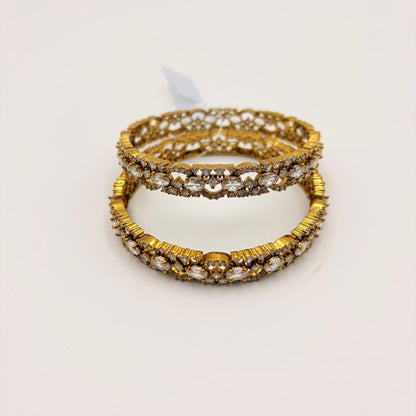 Premium Gold-Plated CZ Diamond Bangles – Oval Cut Stone Bridal Bangle Set (Set of 2)