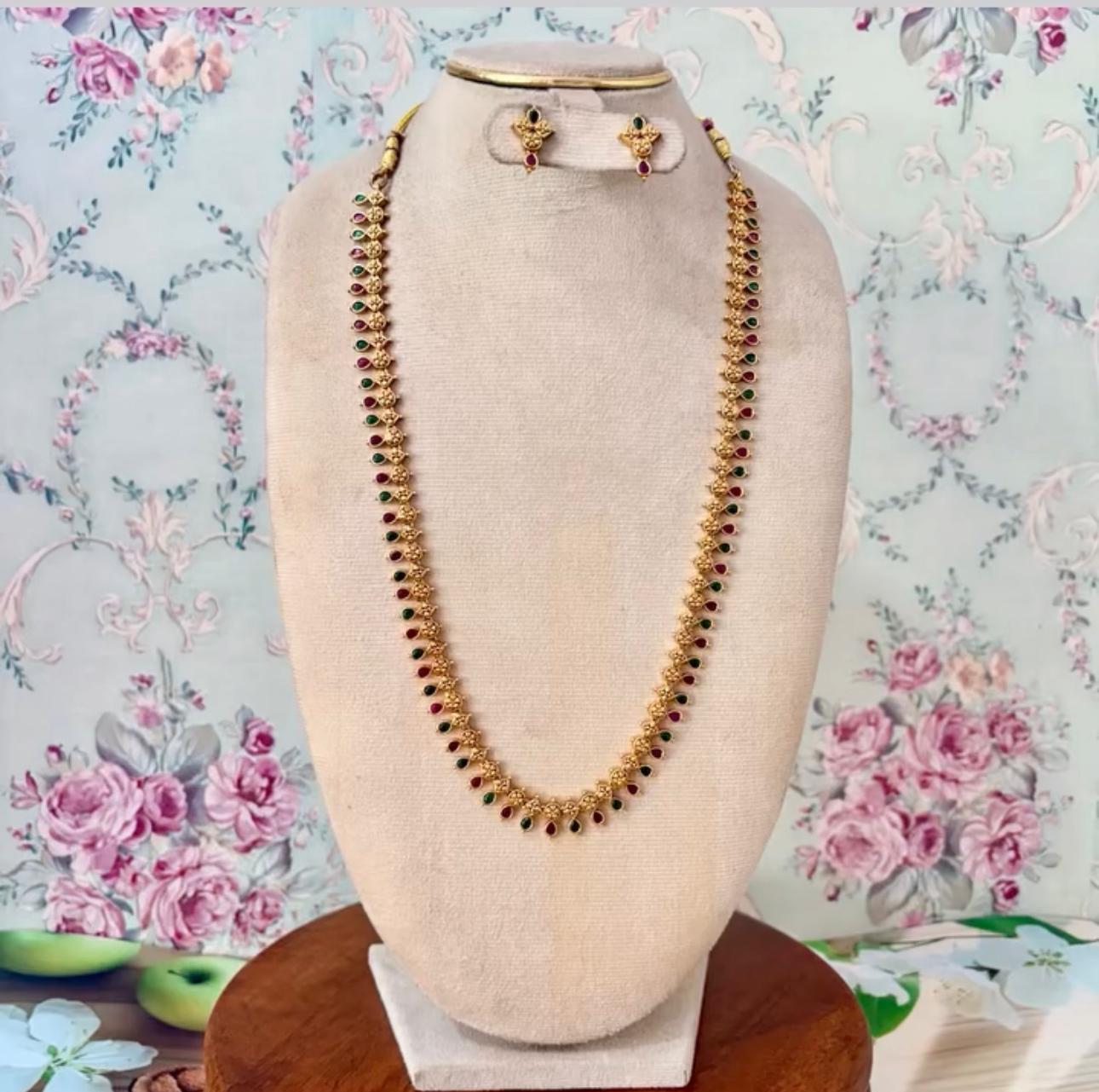 Traditional Ruby & Green Stone Long Haram Necklace Set with Classic Stud Earrings