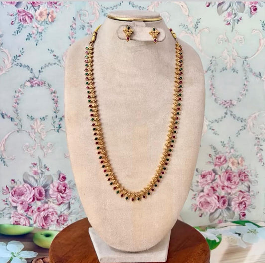 Traditional Ruby & Green Stone Long Haram Necklace Set with Classic Stud Earrings