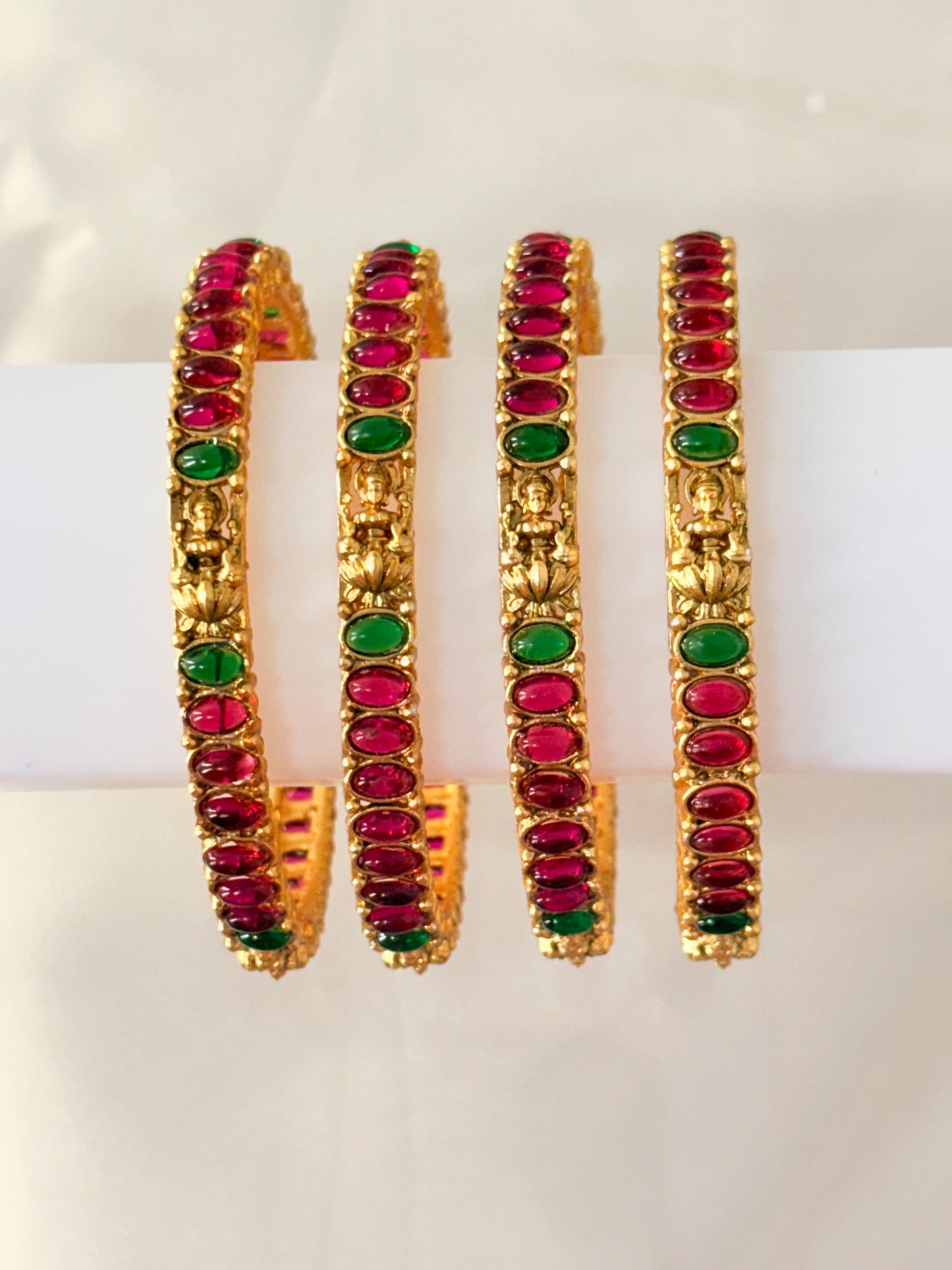 Antique Gold-Plated Temple Bangles with Ruby & Green Stones – Traditional Lakshmi Design