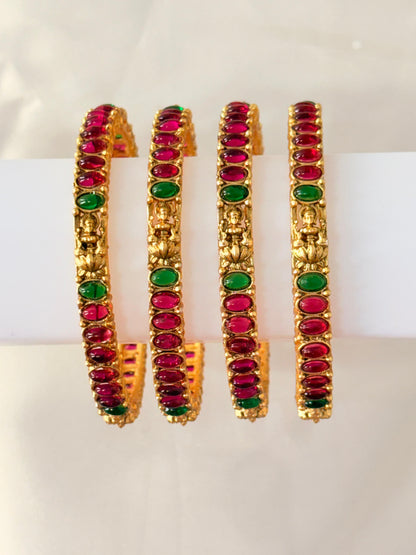 Antique Gold-Plated Temple Bangles with Ruby & Green Stones – Traditional Lakshmi Design