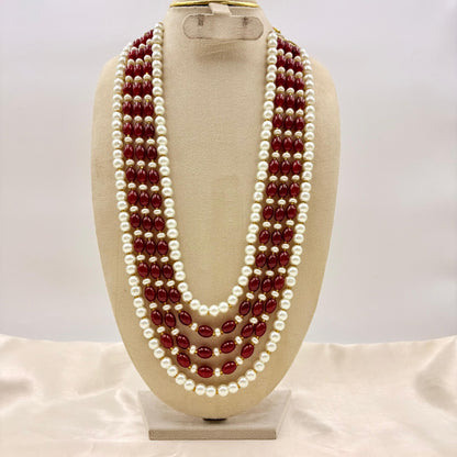 Classic Multi-Layer Pearl & Maroon Bead Necklace – Traditional Bridal Mala