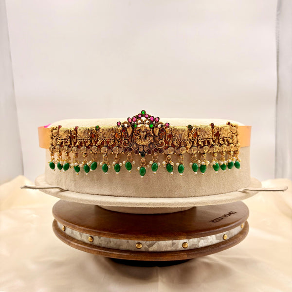 Gold-Plated Elephant Temple Vaddanam | Red & Green Stones | Bridal Hip Belt