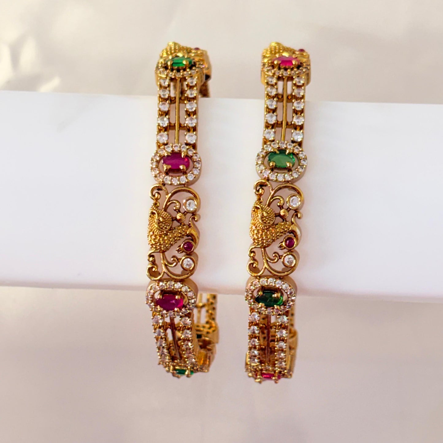 Gold-Plated Peacock Design Bangles with Ruby & Green Stones – Traditional Bridal Bangles