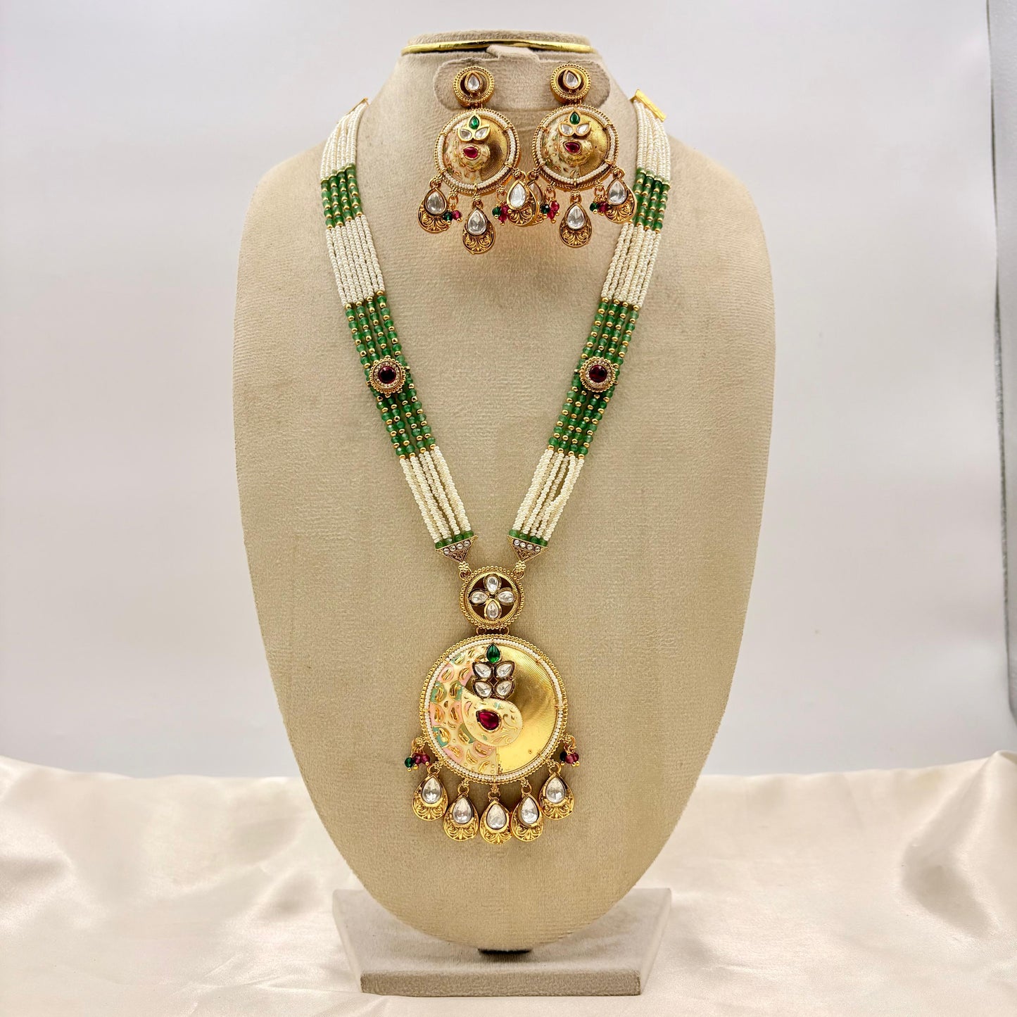Traditional Gold Finish Pearl & Green Bead Long Necklace Set with Kundan Pendant