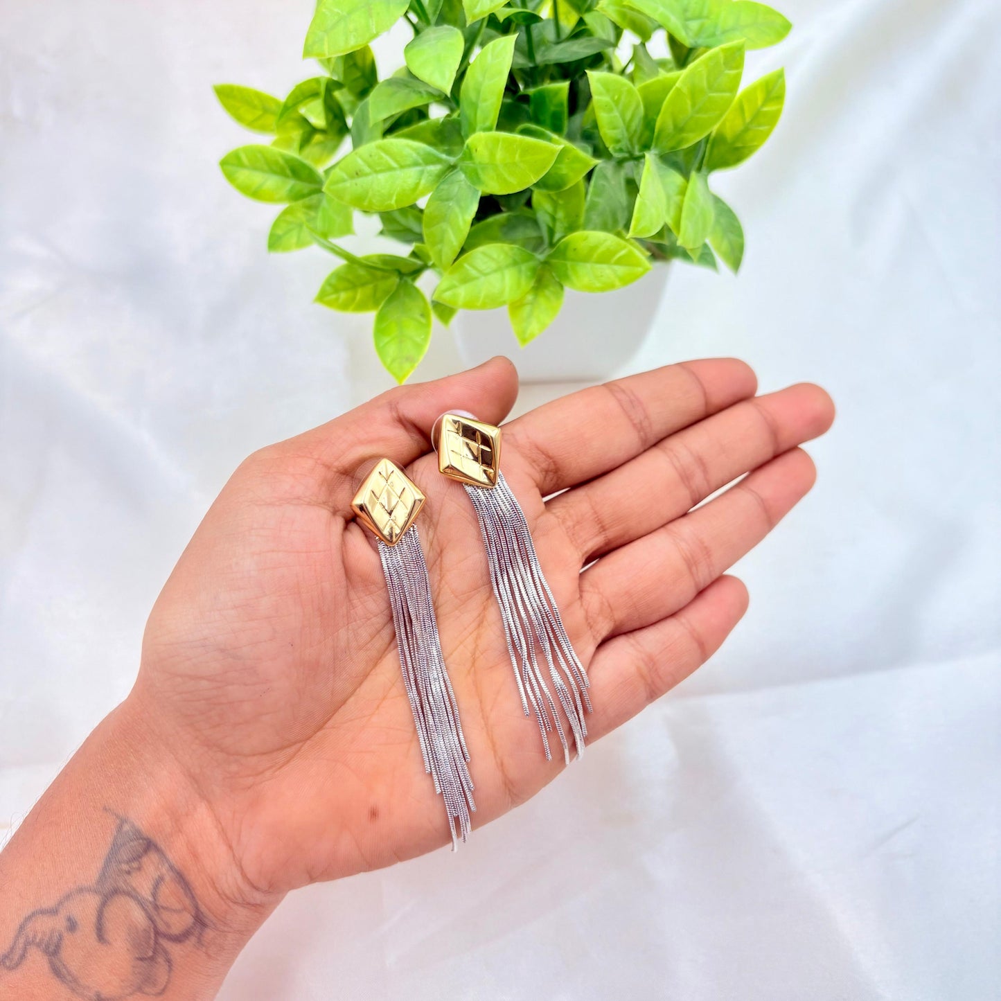 Gold Square Stud Earrings with Silver Tassel Chains
