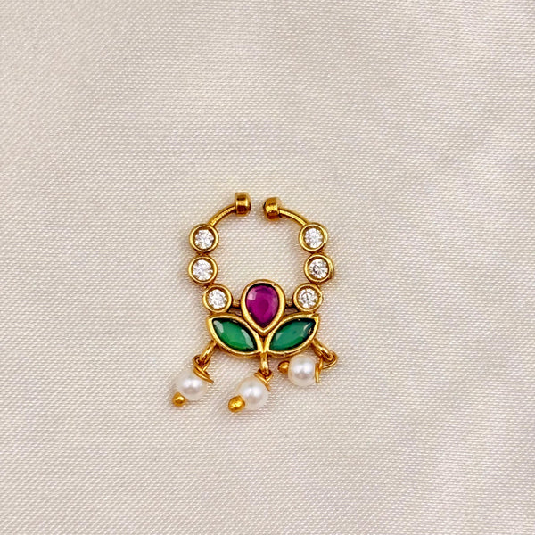 Gold Finish Floral Nose Pin with Green, Pink Stones & Pearl Drops