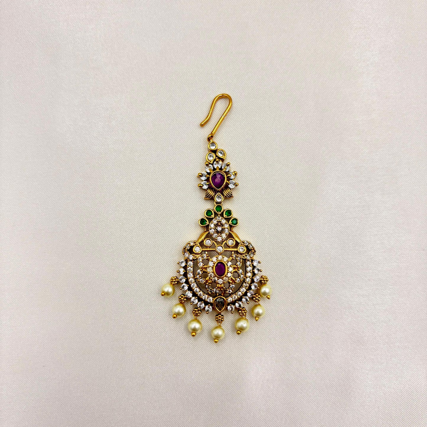 CZ Stone Bridal Maang Tikka with Ruby Stone & Pearl Drops – Antique Gold Finish