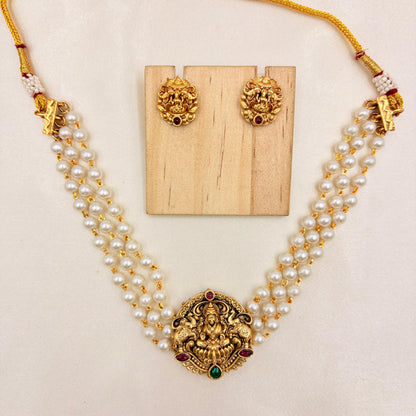 Temple Lakshmi Pearl Necklace Set with Antique Gold Finish
