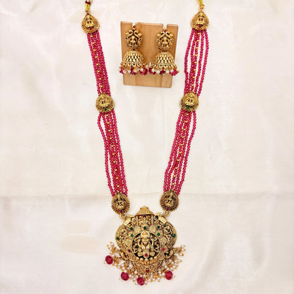 Antique Gold Finish Lakshmi Temple Long Necklace with Pink Beads & Jhumka Earrings