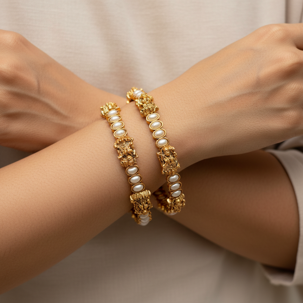 Antique Gold Temple Bangles with Pearls & Lakshmi Motifs – Traditional Bridal Bangle Set (Set of 4)