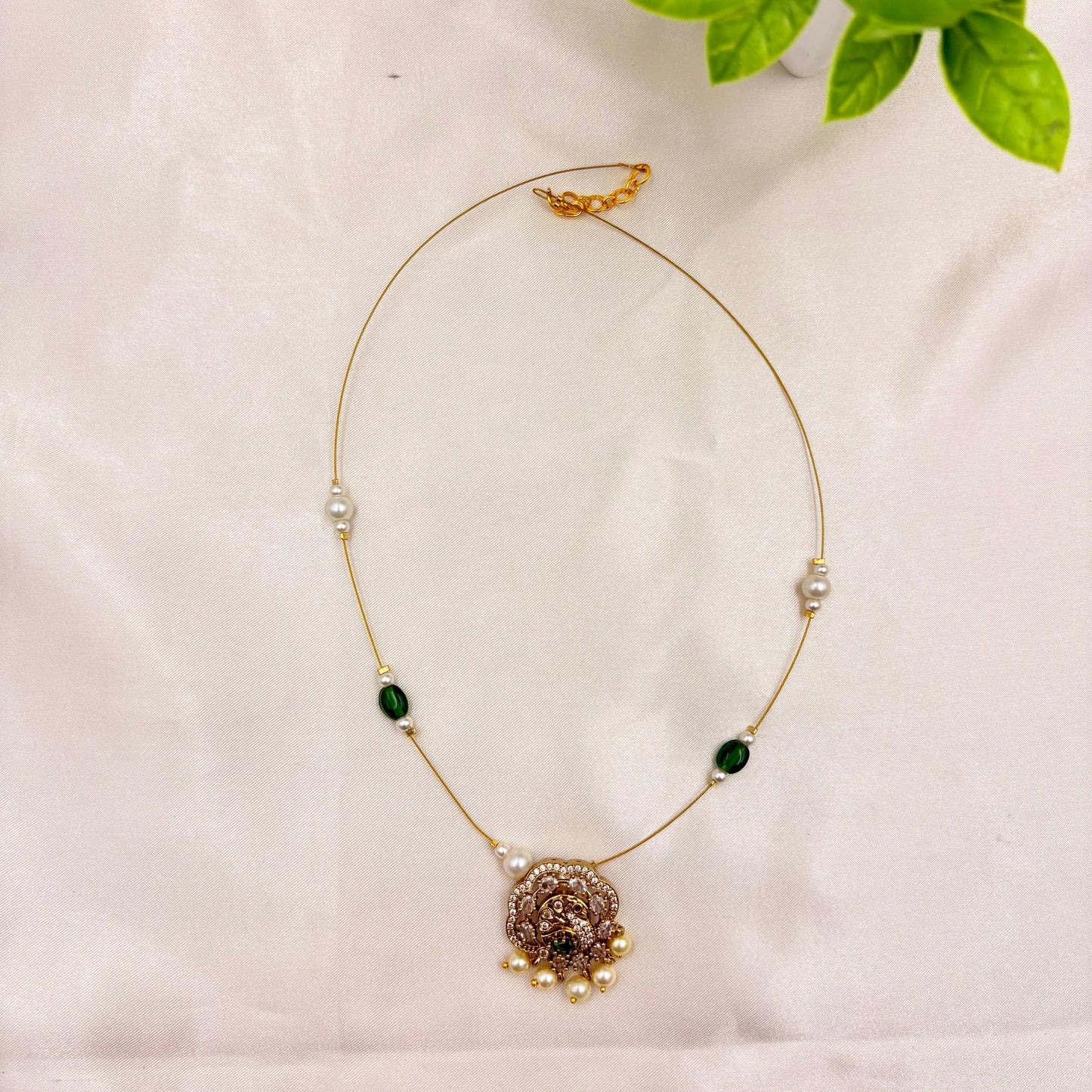 Gold Finish Temple Pendant Wire Necklace with Green Beads & Pearls