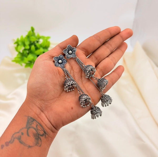 Oxidised Silver Flower Long Jhumka Earrings for Women