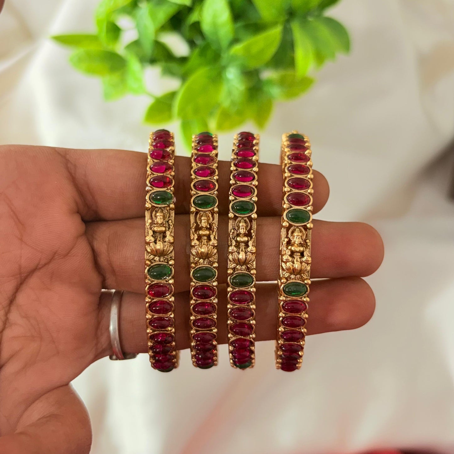 Antique Gold-Plated Temple Bangles with Ruby & Green Stones – Traditional Lakshmi Design