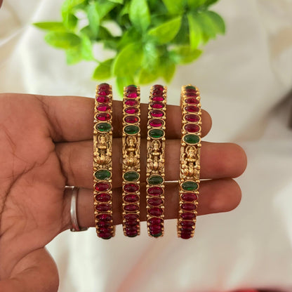 Antique Gold-Plated Temple Bangles with Ruby & Green Stones – Traditional Lakshmi Design