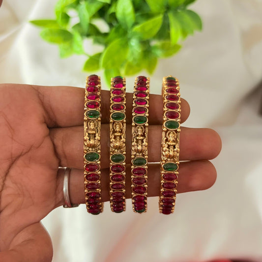 Antique Gold-Plated Temple Bangles with Ruby & Green Stones – Traditional Lakshmi Design