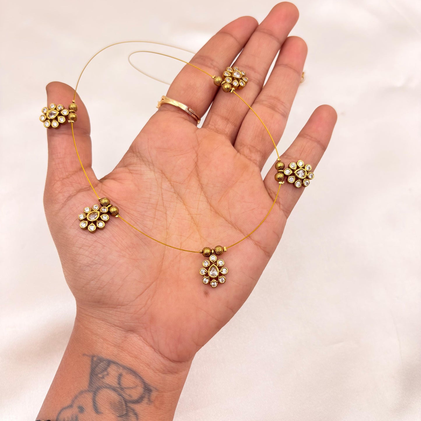 Minimal Antique Gold CZ Floral Wire Necklace Set