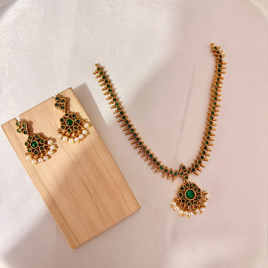 Antique Gold-Plated Green Stone Necklace Set with Pearl Drops & Matching Earrings