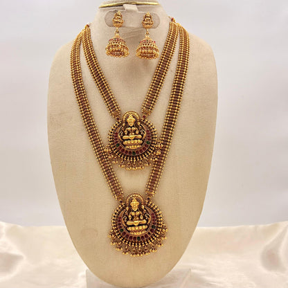 Antique Gold Beaded Dual Haram Lakshmi Pendant Necklace Set with Jhumkas