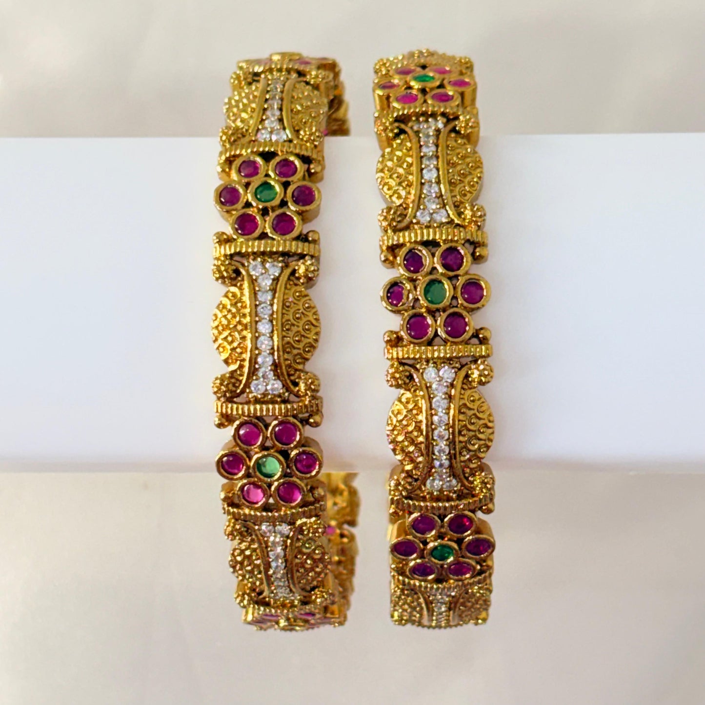 Heavy Gold-Plated Temple Bangles with Ruby, Green & White Stone Work (Pair)