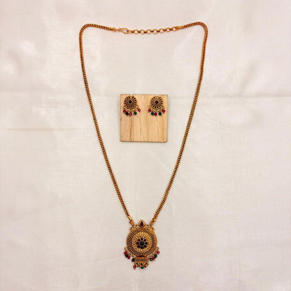 Traditional Gold Finish Long Necklace with Round Pendant & Stud Earrings