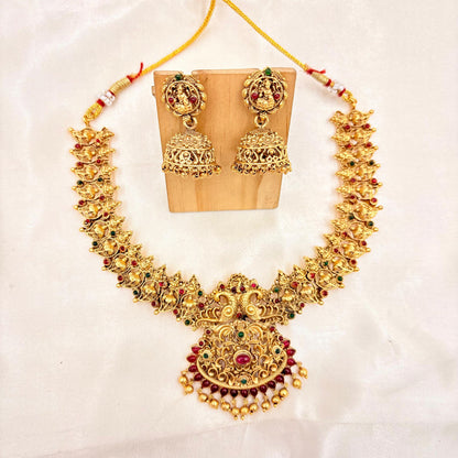 Antique Gold Peacock Temple Necklace with Ruby-Green Stones & Matching Jhumka Earrings