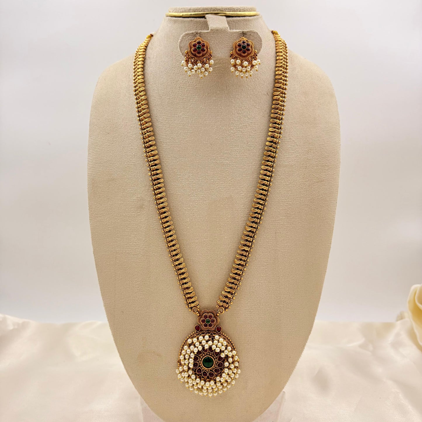 Antique Gold Peacock Pendant Haram with Pearls & Matching Earrings | Traditional Temple Jewelry Set