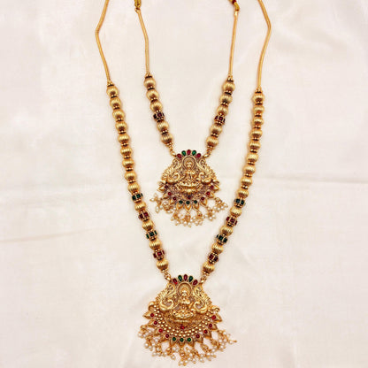 Grand Double Layer Lakshmi Temple Haram Set – Antique Gold Finish