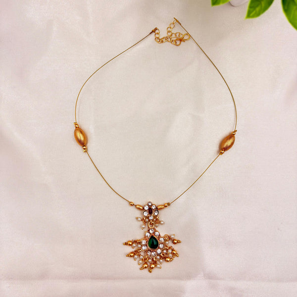 Gold Finish Minimal Wire Necklace with Green Stone & Pearl Drop Pendant